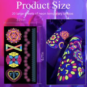 A product size of 2 0 large sheets of neon temporary tattoos.